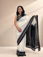 Ikat Saree - Ivory White with Black Border
