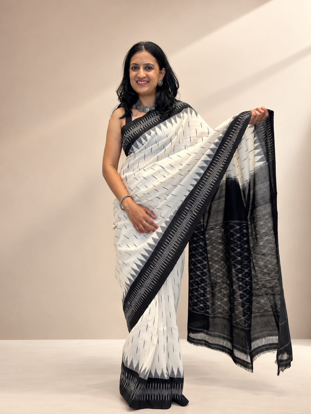 Ikat Saree - Ivory White with Black Border