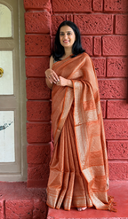 Handwoven Saree with Golden Lines - Orange