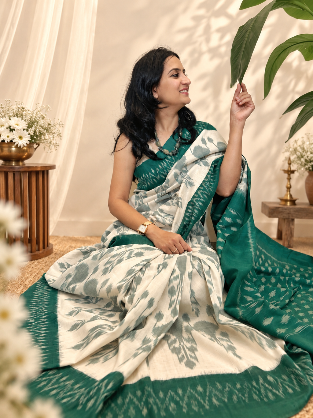 Ikat Saree - Green and Off White
