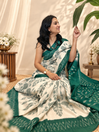 Ikat Saree - Green and Off White