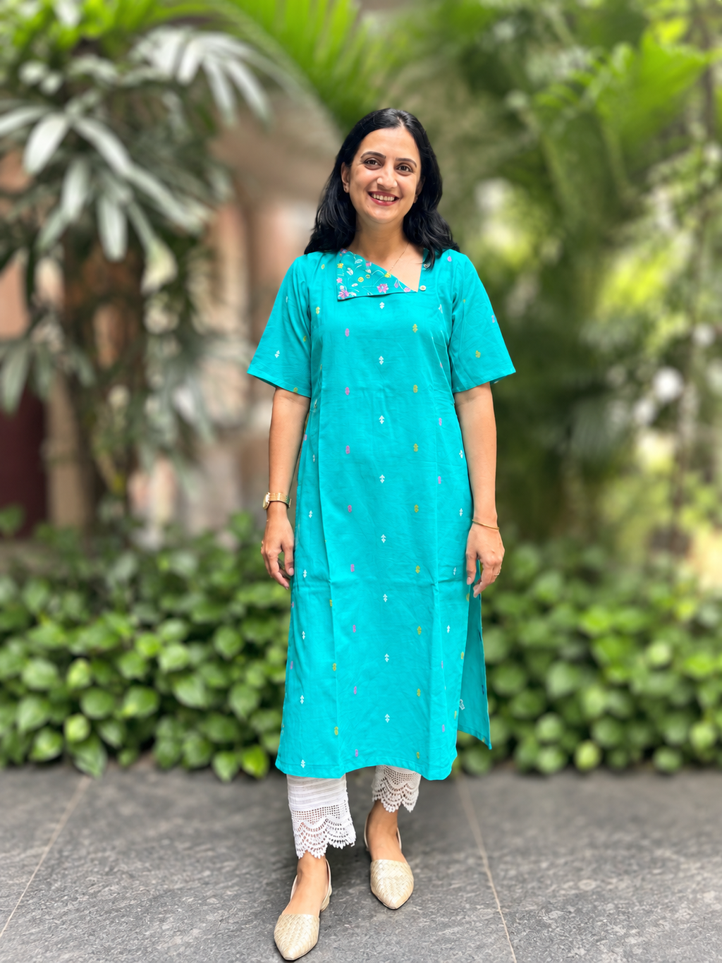 Cotton Kurti with Printed Yoke - Blue