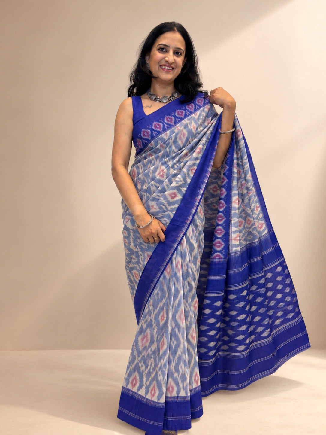 Ikat Saree - Powder Blue with royal blue border