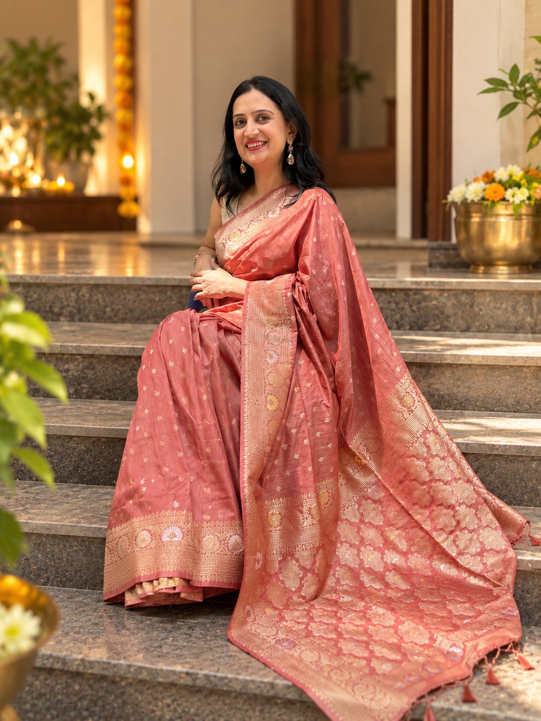 Malai Silk Saree - Peachy Coral