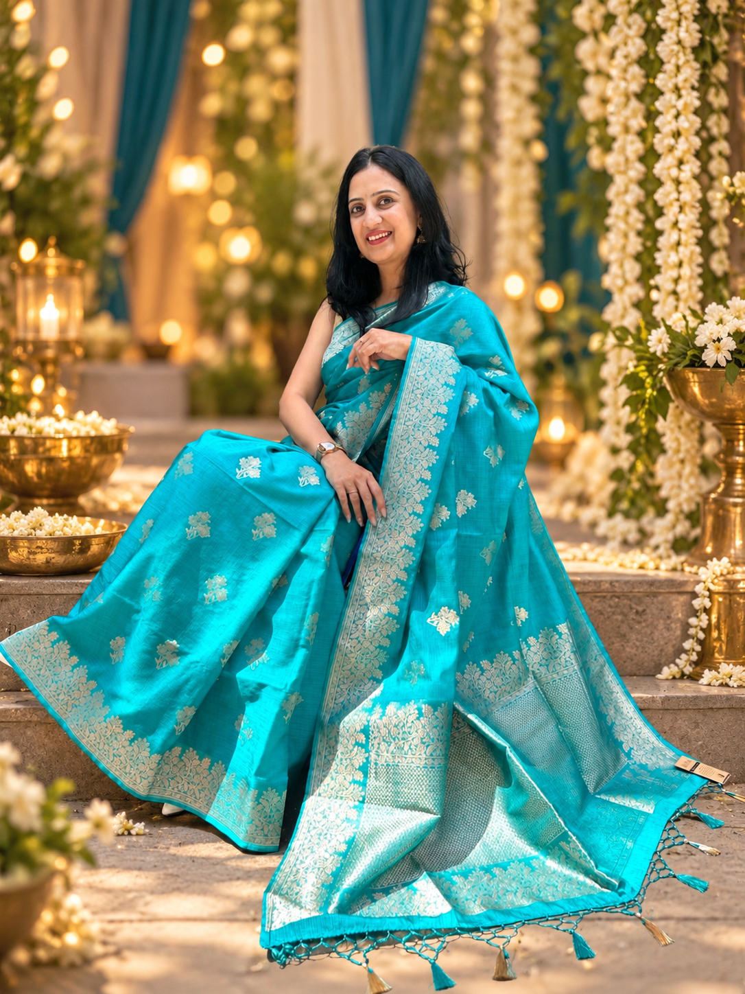 Flower Motif Cotton Silk - Turquoise
