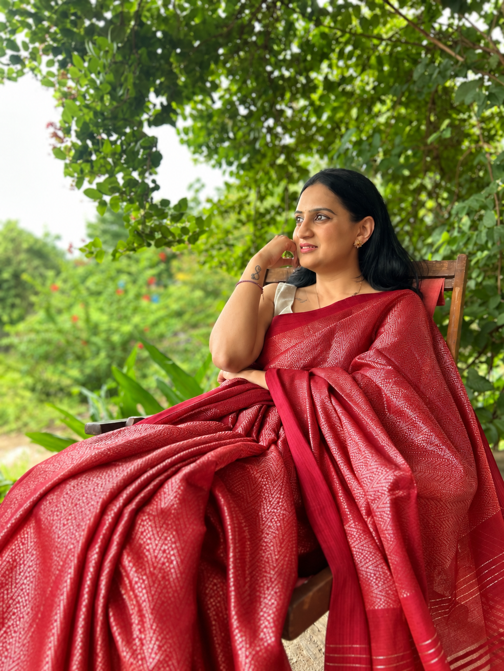 Handwoven Saree with Geometric Motifs - Red