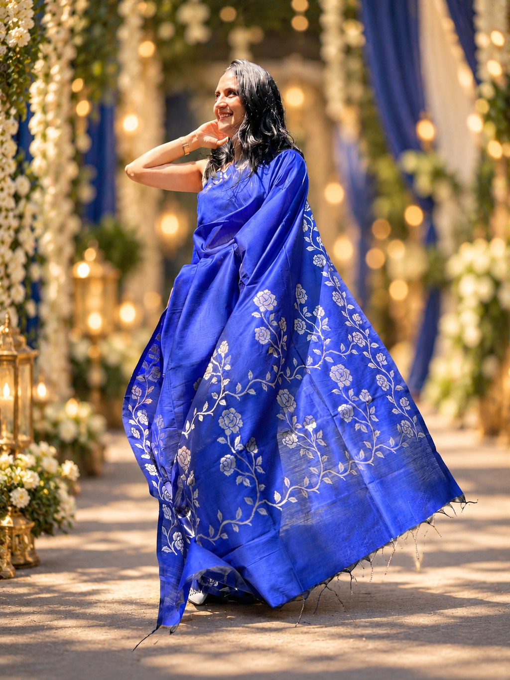 Rose Border Soft Silk Saree - Royal Blue