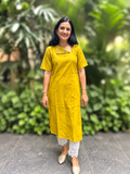 Cotton Kurti with Printed Yoke - Mustard Yellow