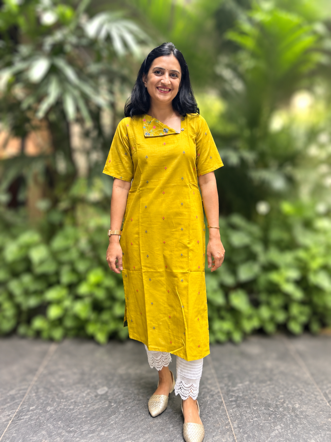 Cotton Kurti with Printed Yoke - Mustard Yellow