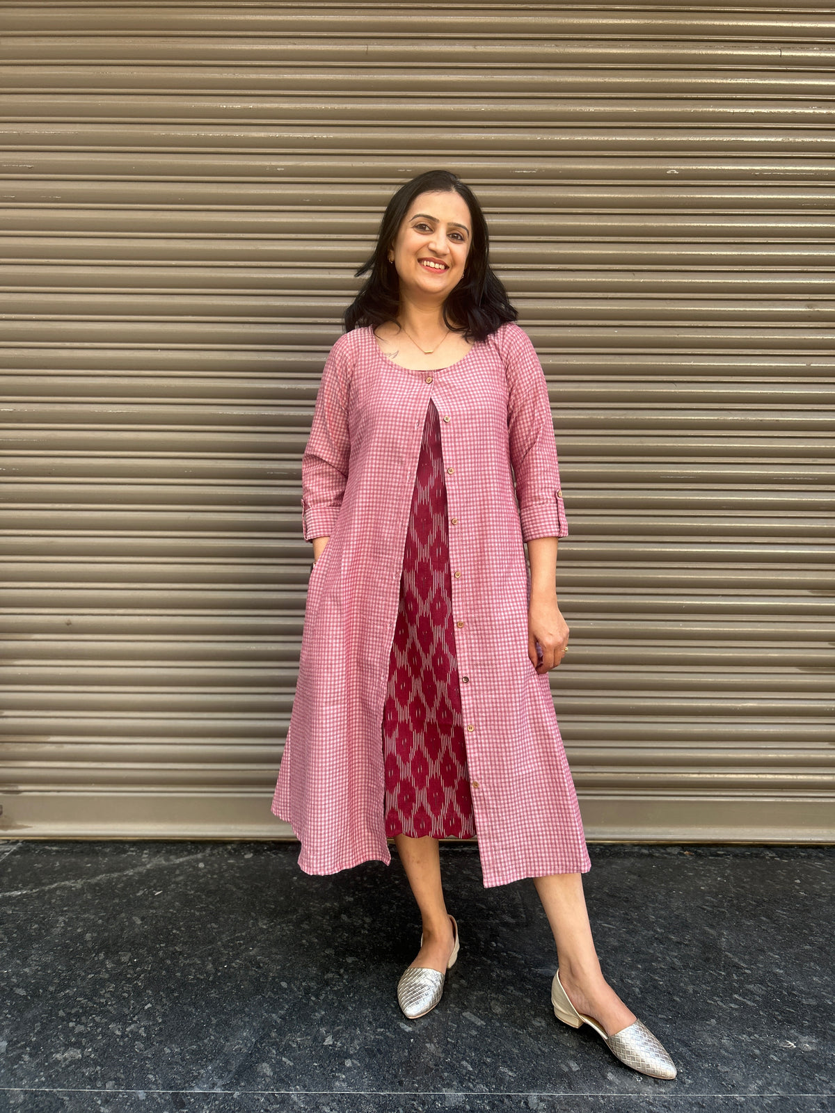 3-in-1 Cotton Dress Set - Maroon + Light Pink