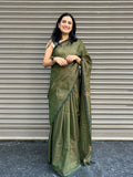 Cotton Saree with Golden Zari Lines - Bottle Green