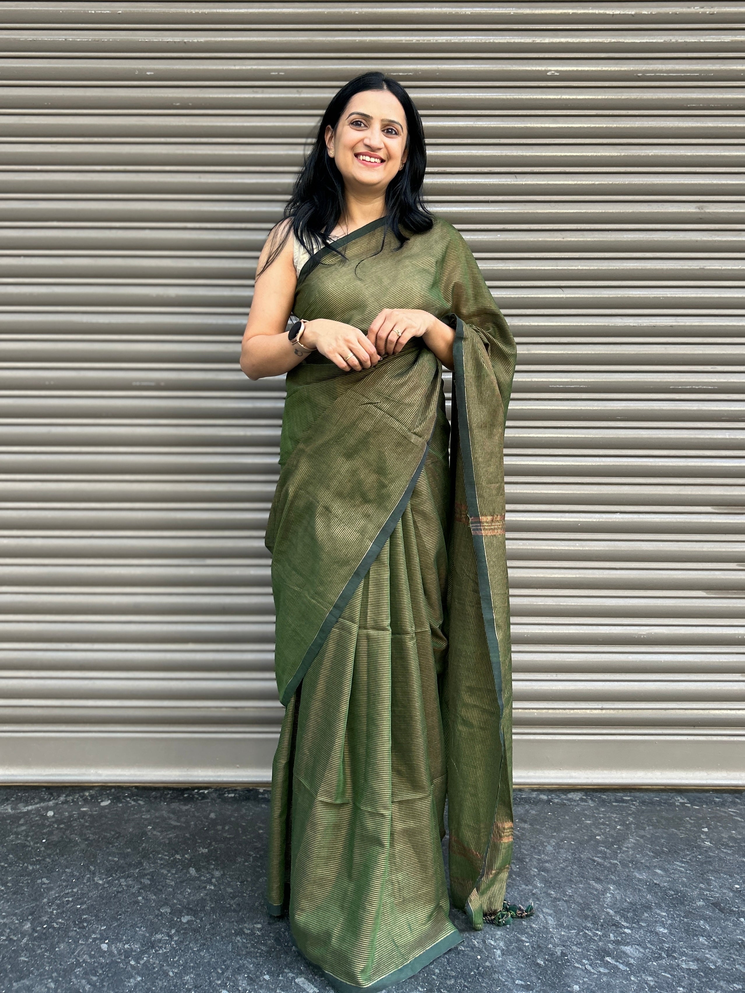 Cotton Saree with Golden Zari Lines - Bottle Green
