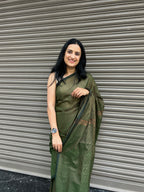 Cotton Saree with Golden Zari Lines - Bottle Green