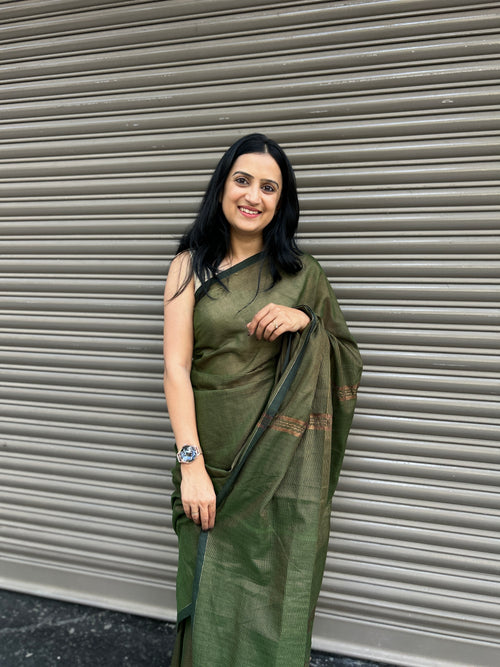 Cotton Saree with Golden Zari Lines - Bottle Green