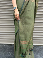 Cotton Saree with Golden Zari Lines - Bottle Green