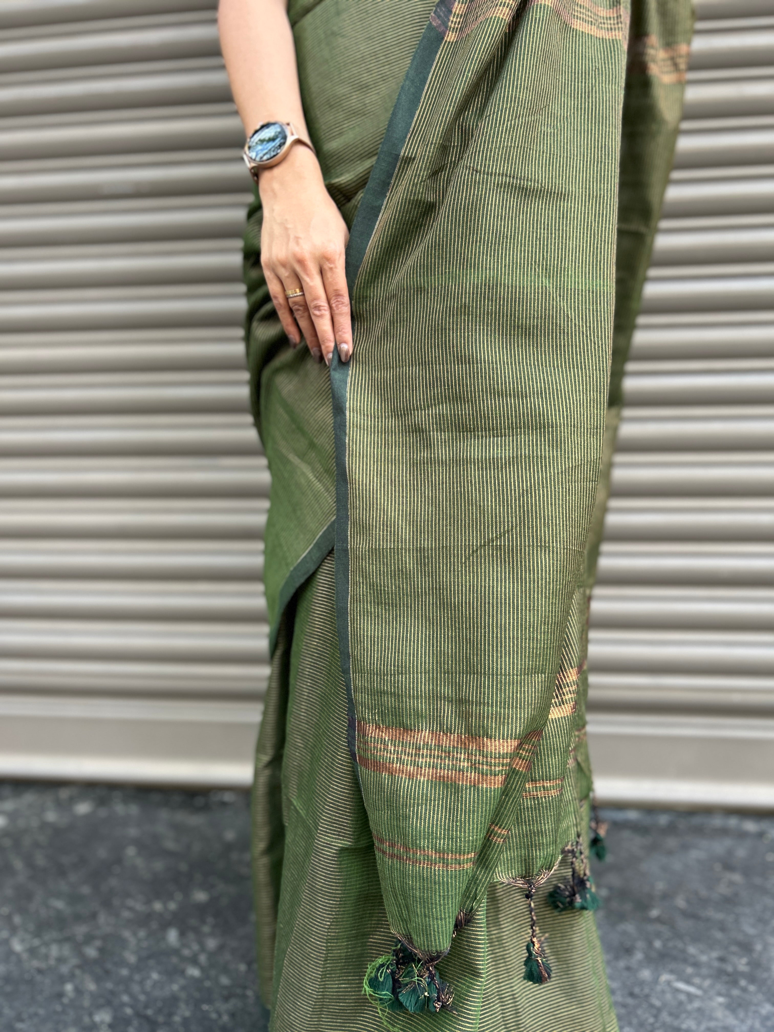 Cotton Saree with Golden Zari Lines - Bottle Green
