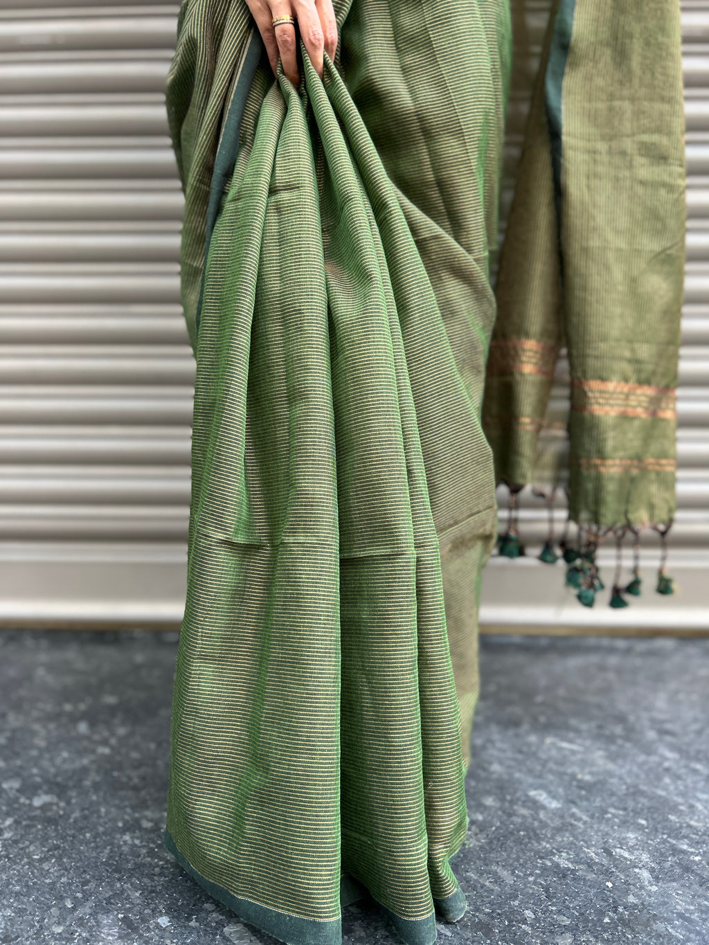 Cotton Saree with Golden Zari Lines - Bottle Green