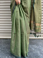 Cotton Saree with Golden Zari Lines - Bottle Green