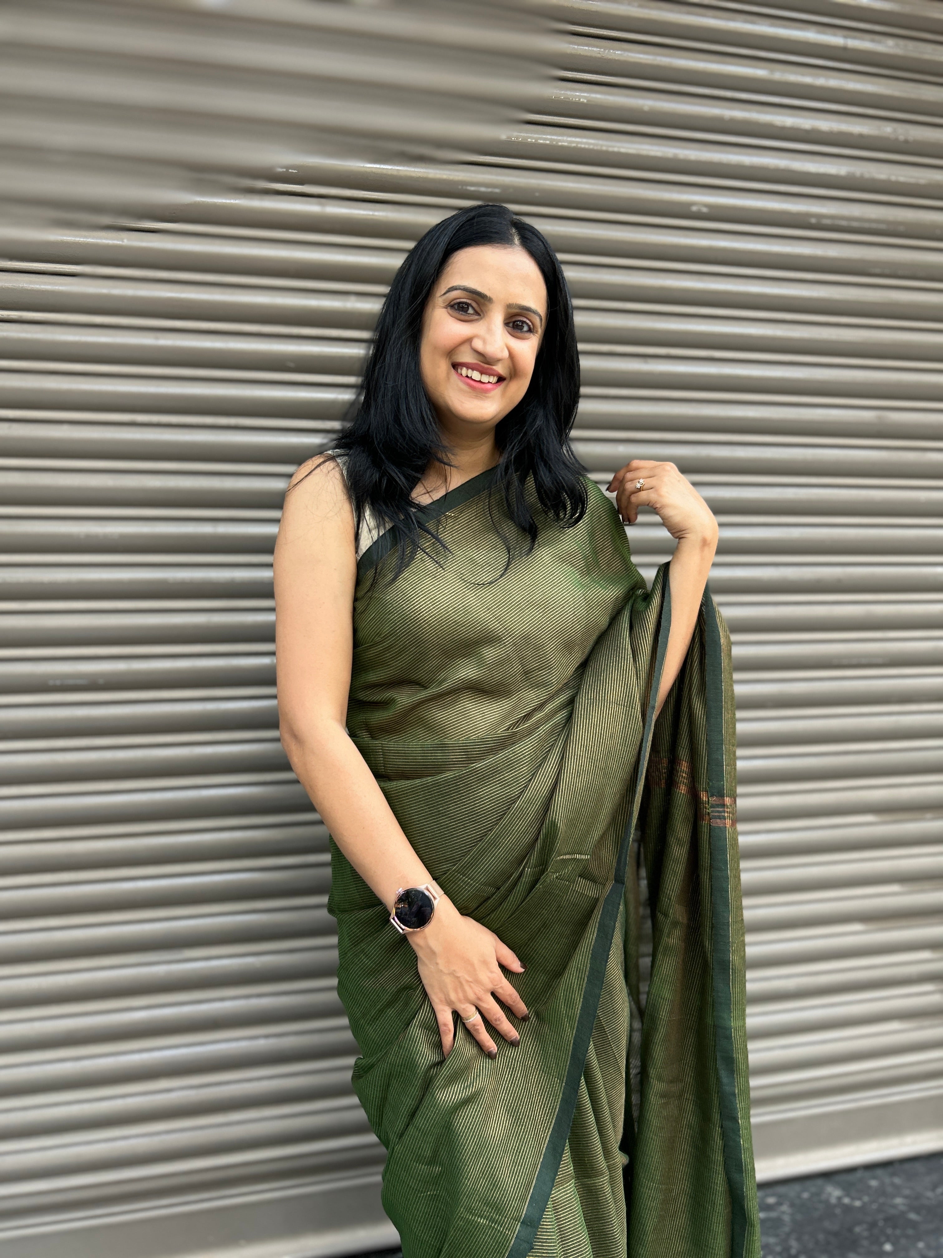 Cotton Saree with Golden Zari Lines - Bottle Green