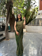 Cotton Saree with Golden Zari Lines - Bottle Green