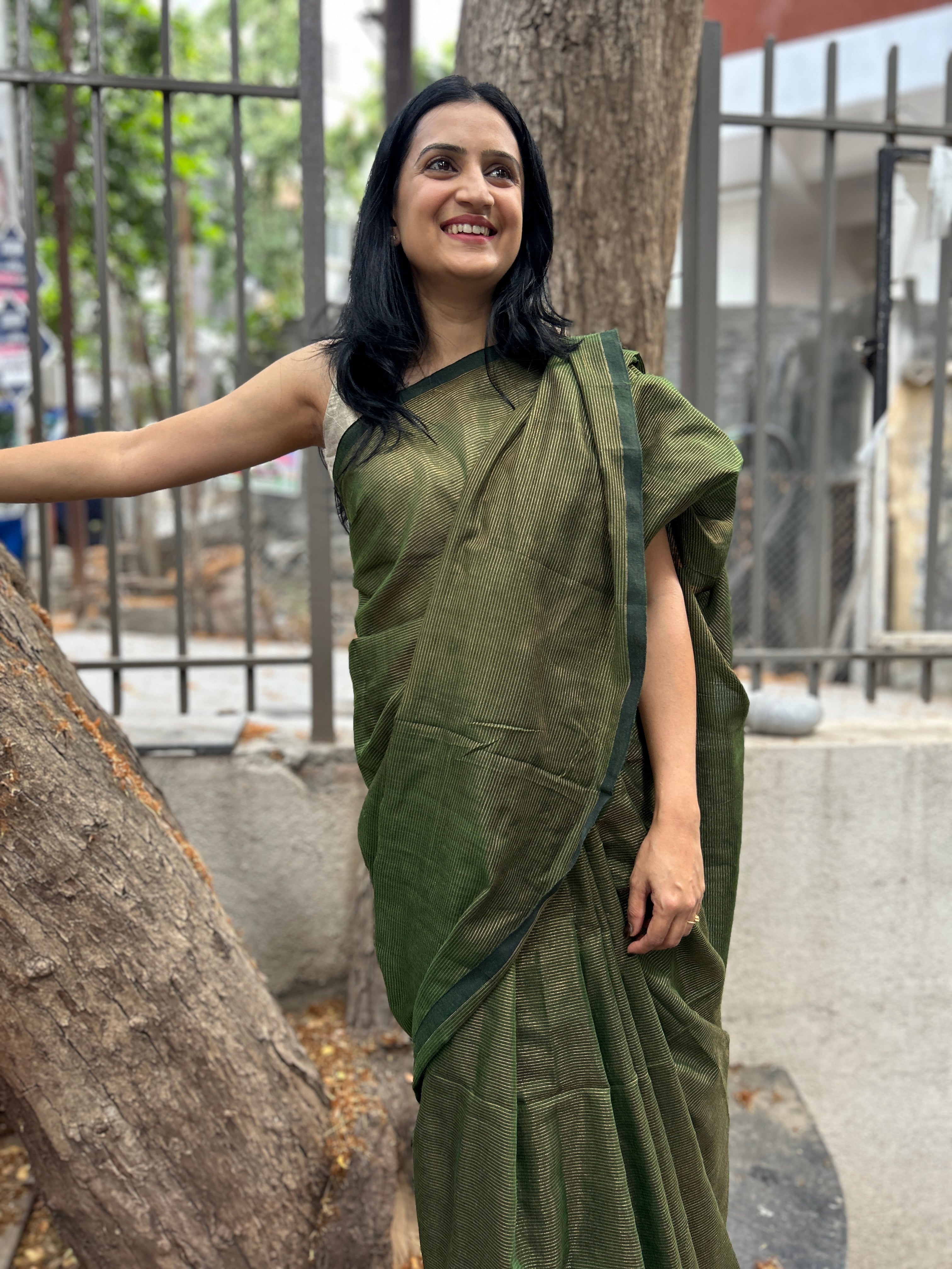 Cotton Saree with Golden Zari Lines - Bottle Green