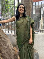 Cotton Saree with Golden Zari Lines - Bottle Green