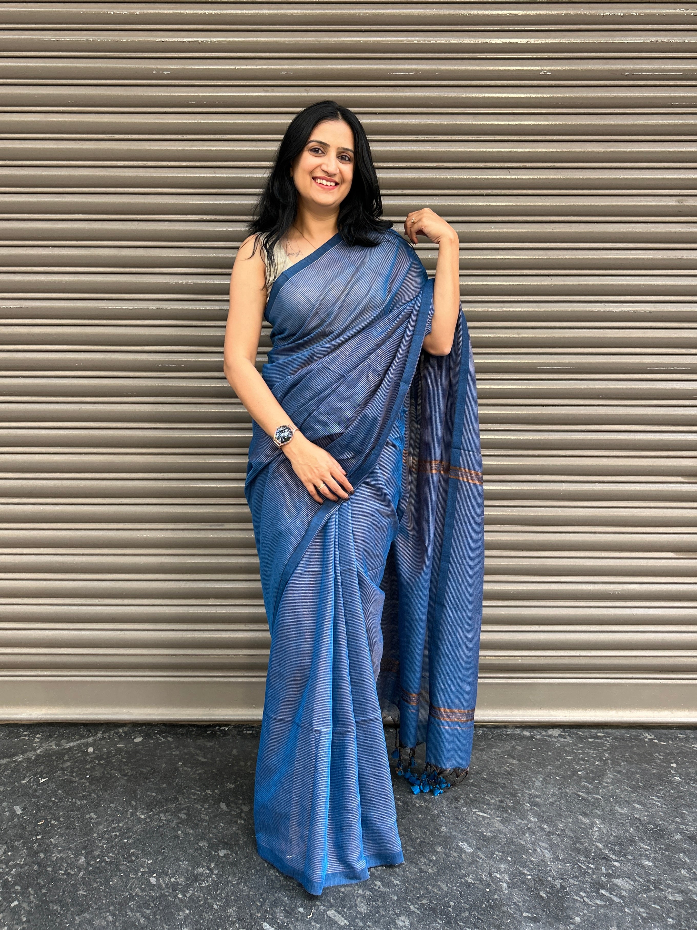 Cotton Saree with Golden Zari Lines - Blue