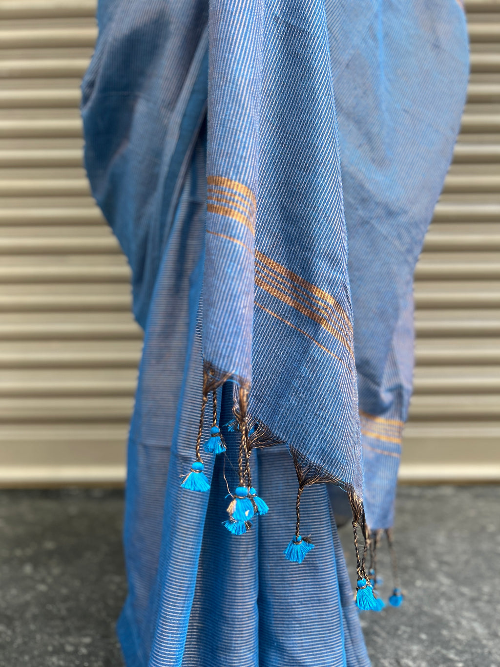 Cotton Saree with Golden Zari Lines - Blue