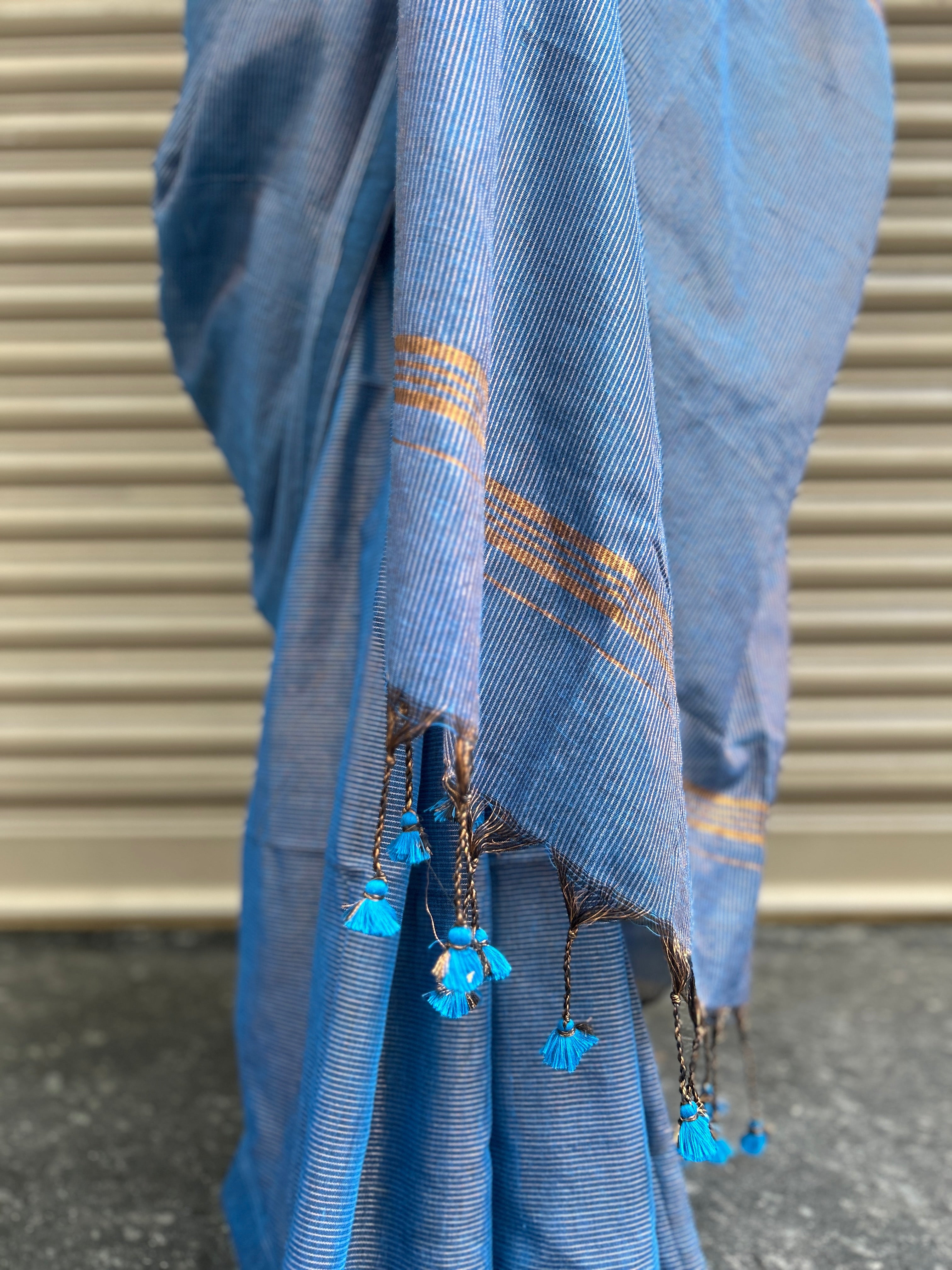 Cotton Saree with Golden Zari Lines - Blue