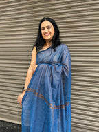 Cotton Saree with Golden Zari Lines - Blue