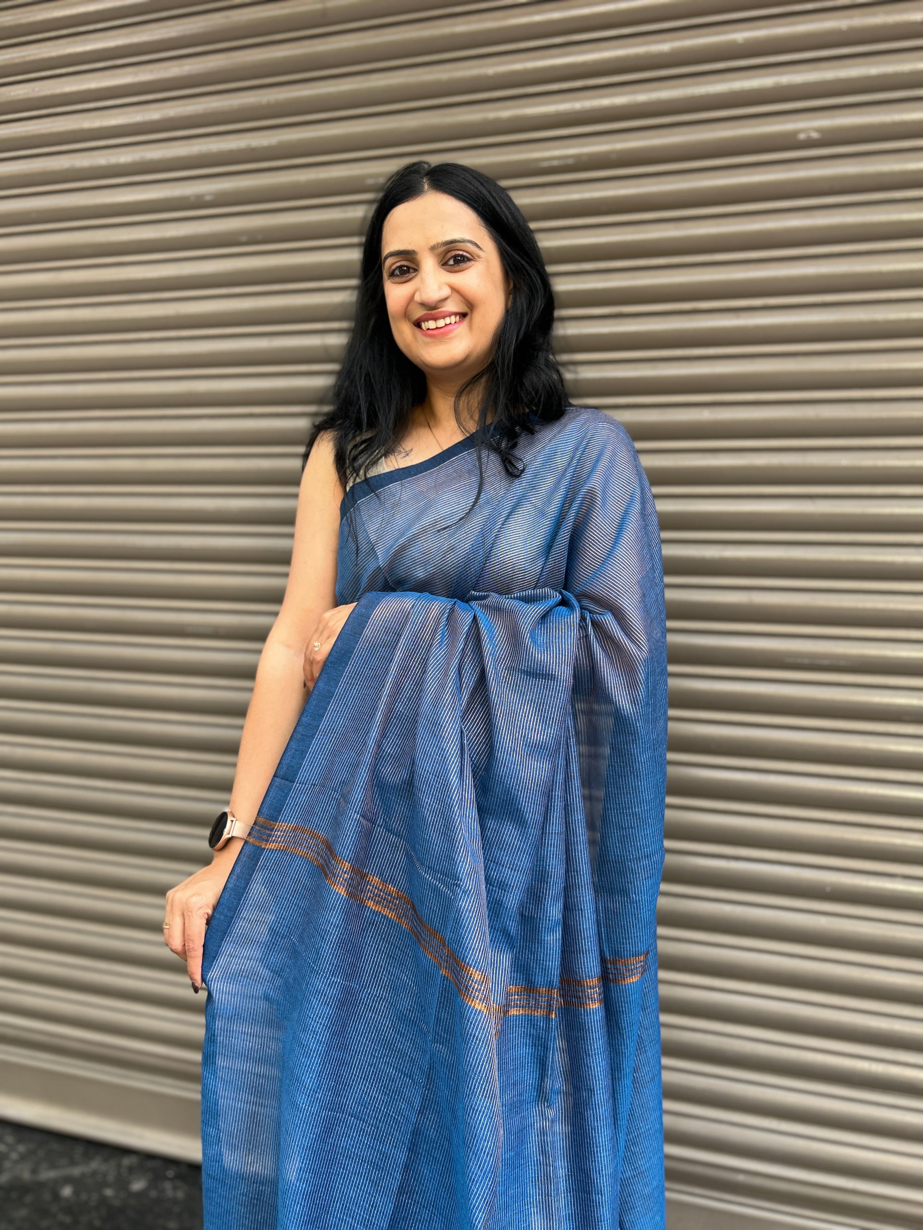 Cotton Saree with Golden Zari Lines - Blue