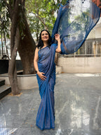 Cotton Saree with Golden Zari Lines - Blue
