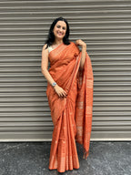 Cotton Silk Saree Zari Checks - Brick Yellow