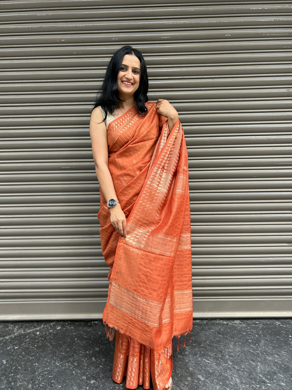 Cotton Silk Saree Zari Checks - Brick Yellow