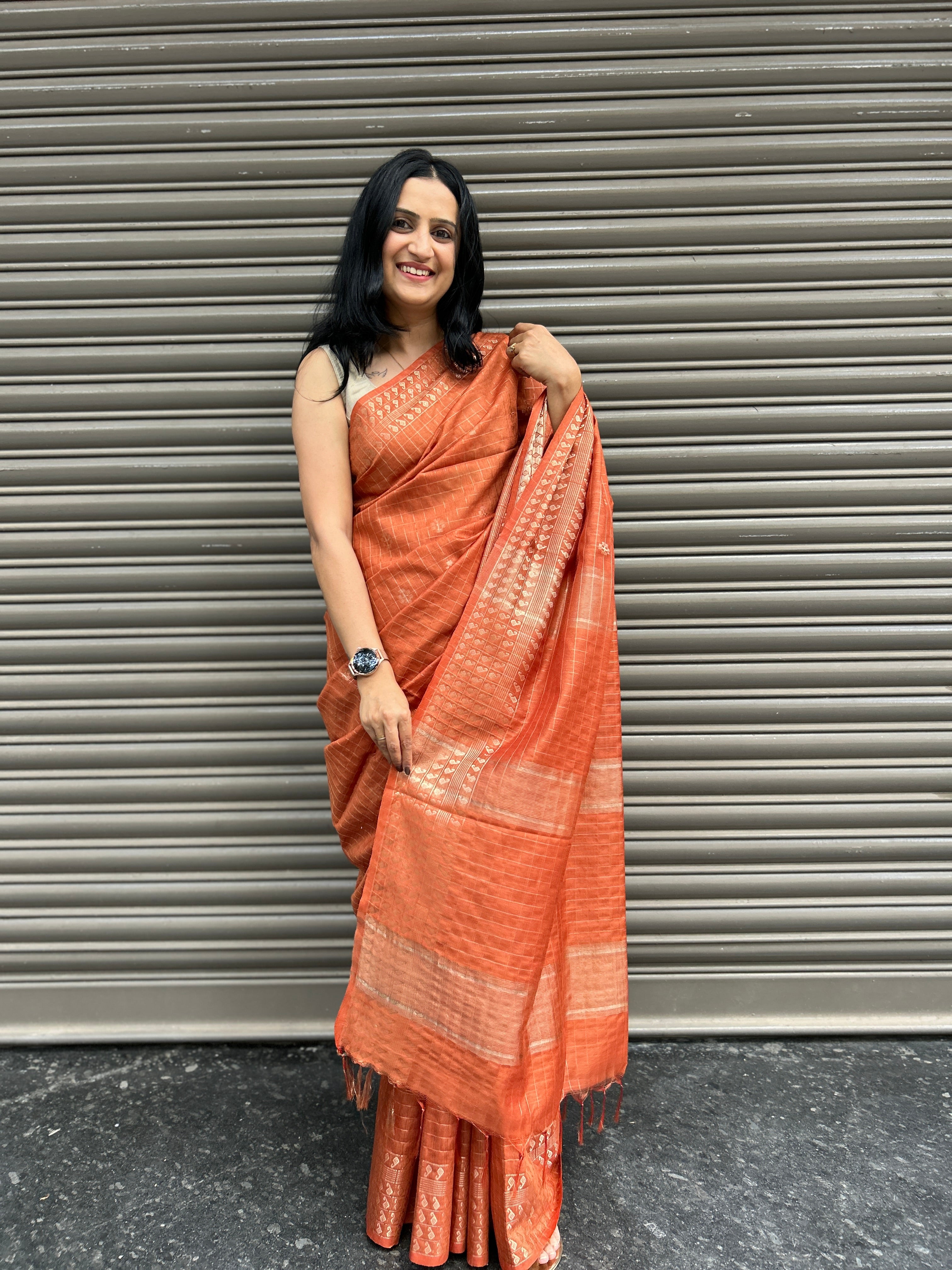 Cotton Silk Saree Zari Checks - Brick Yellow