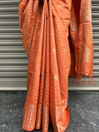 Cotton Silk Saree Zari Checks - Brick Yellow