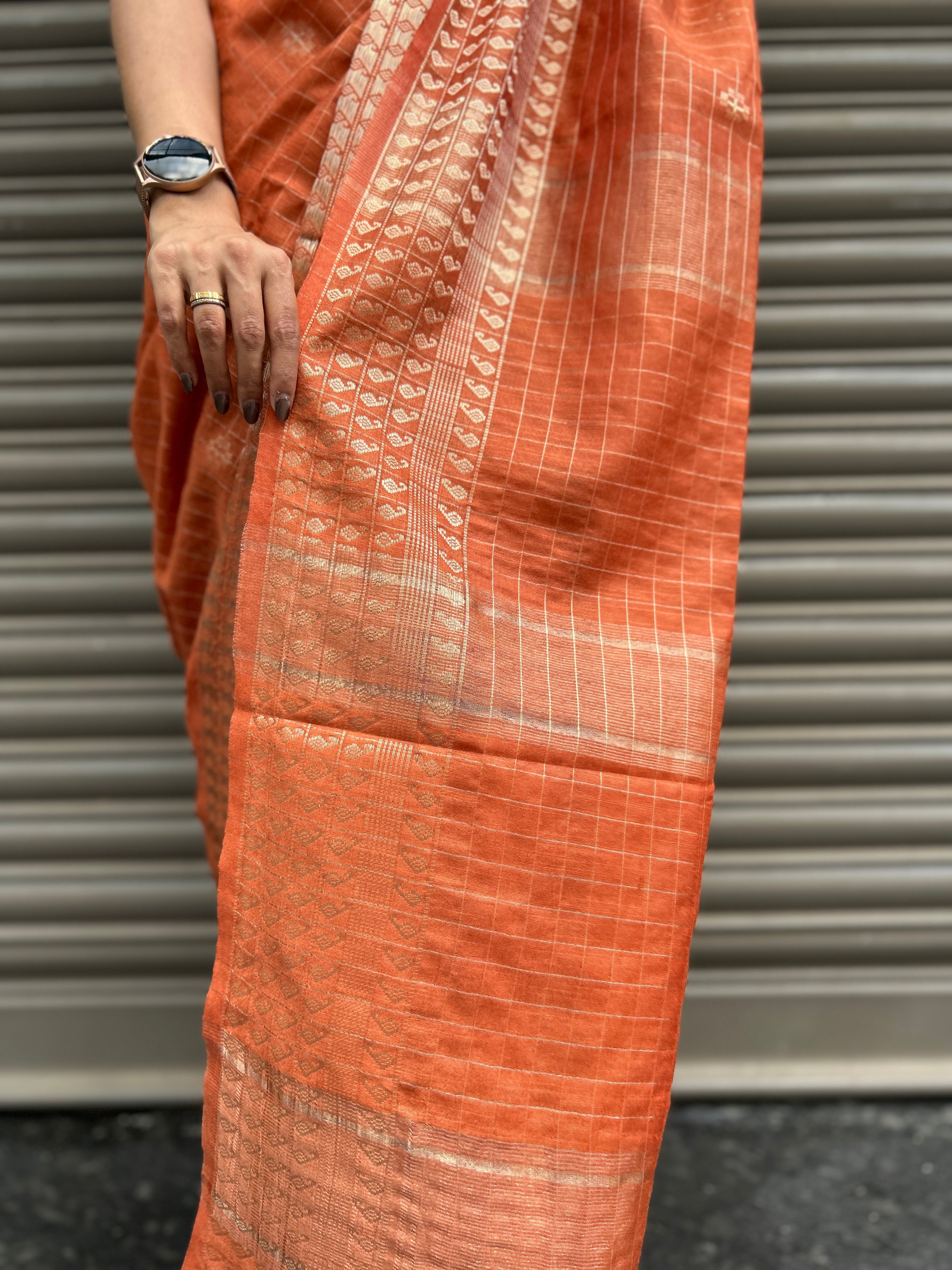 Cotton Silk Saree Zari Checks - Brick Yellow