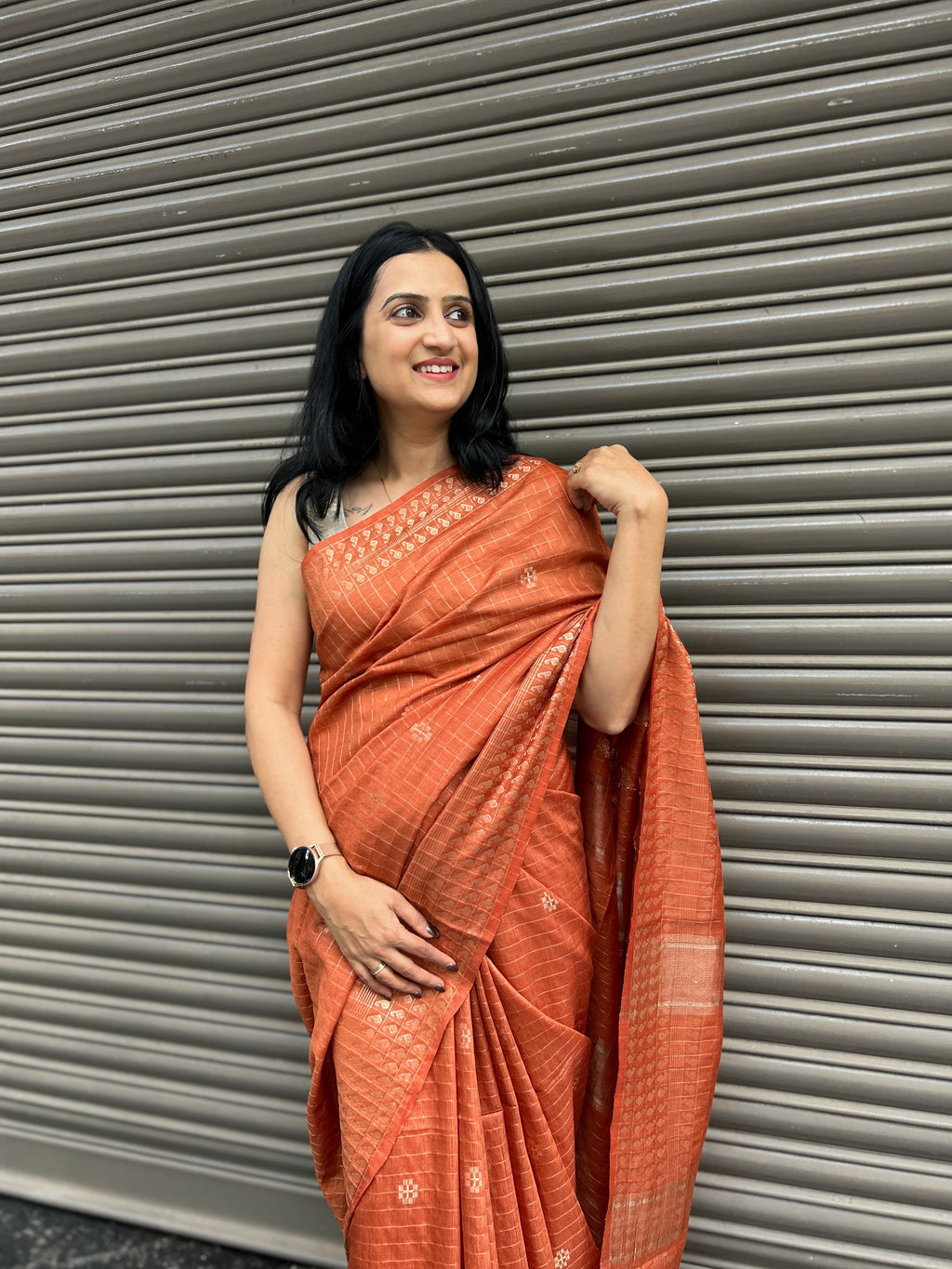Cotton Silk Saree Zari Checks - Brick Yellow
