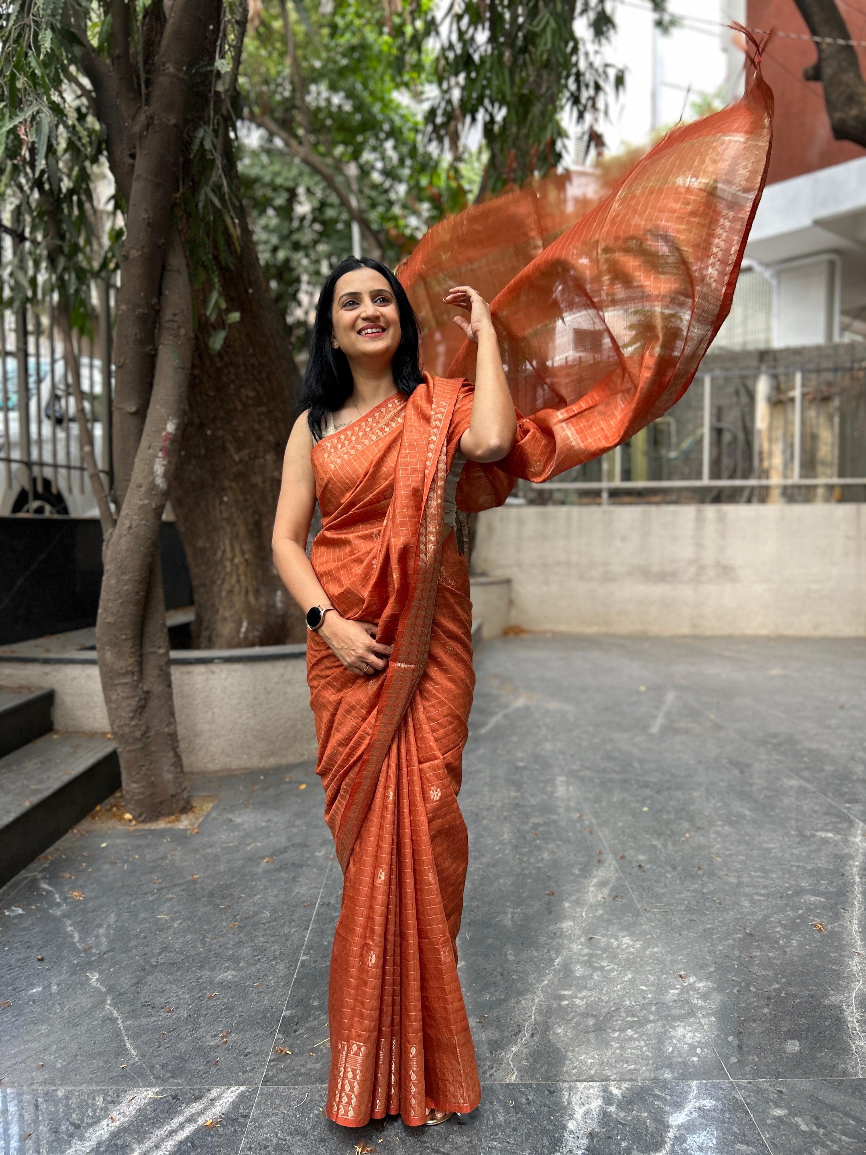 Cotton Silk Saree Zari Checks - Brick Yellow