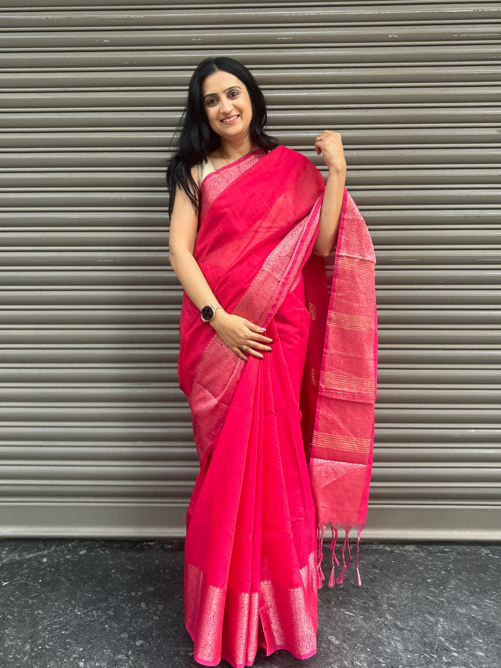 Cotton Silk Saree with Gold Jari Border - Fuchsia Pink