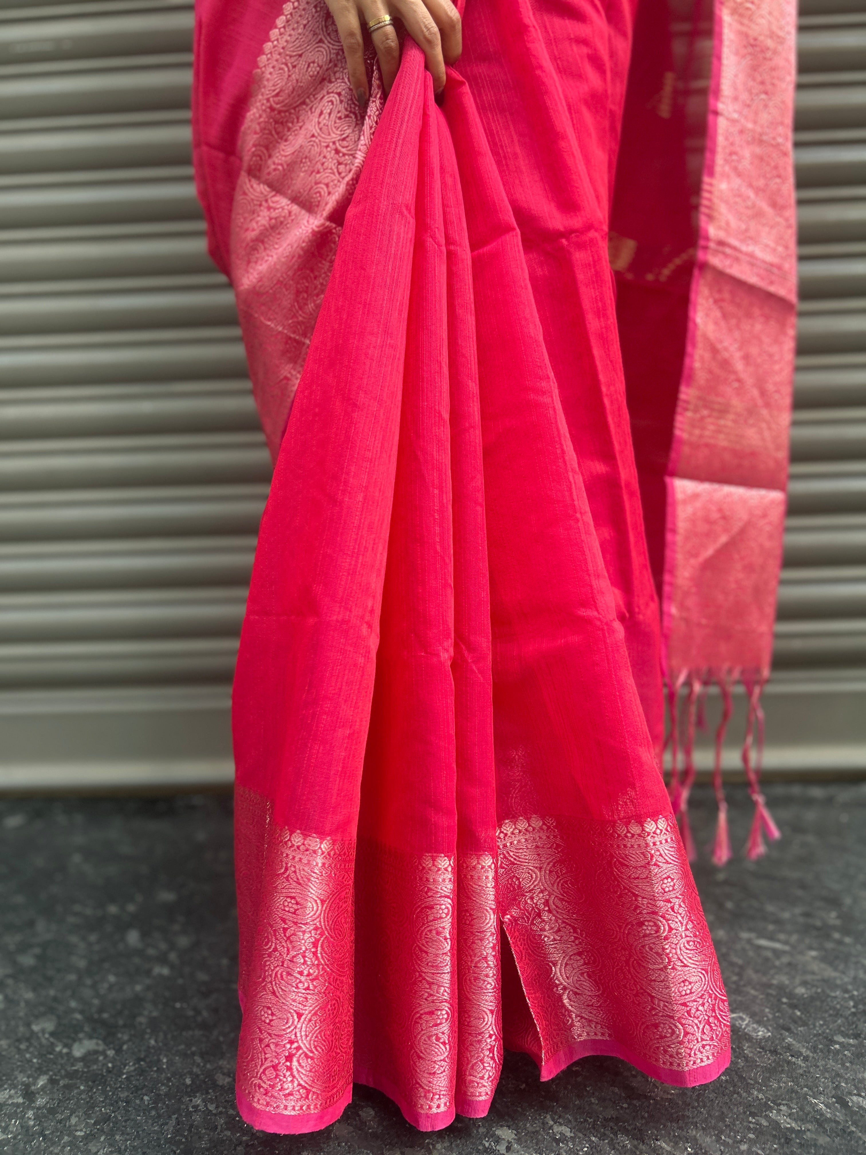Cotton Silk Saree with Gold Jari Border - Fuchsia Pink