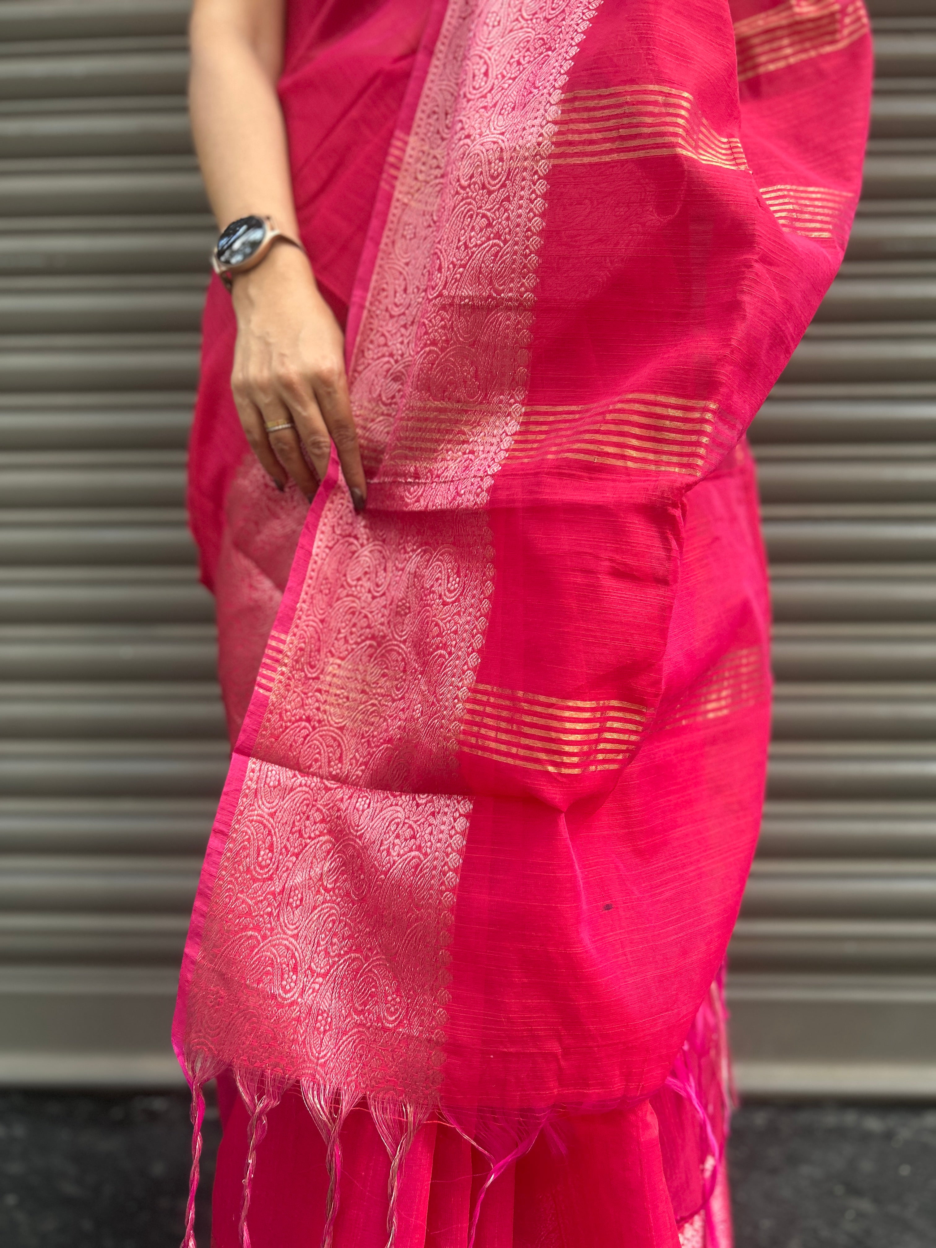 Cotton Silk Saree with Gold Jari Border - Fuchsia Pink