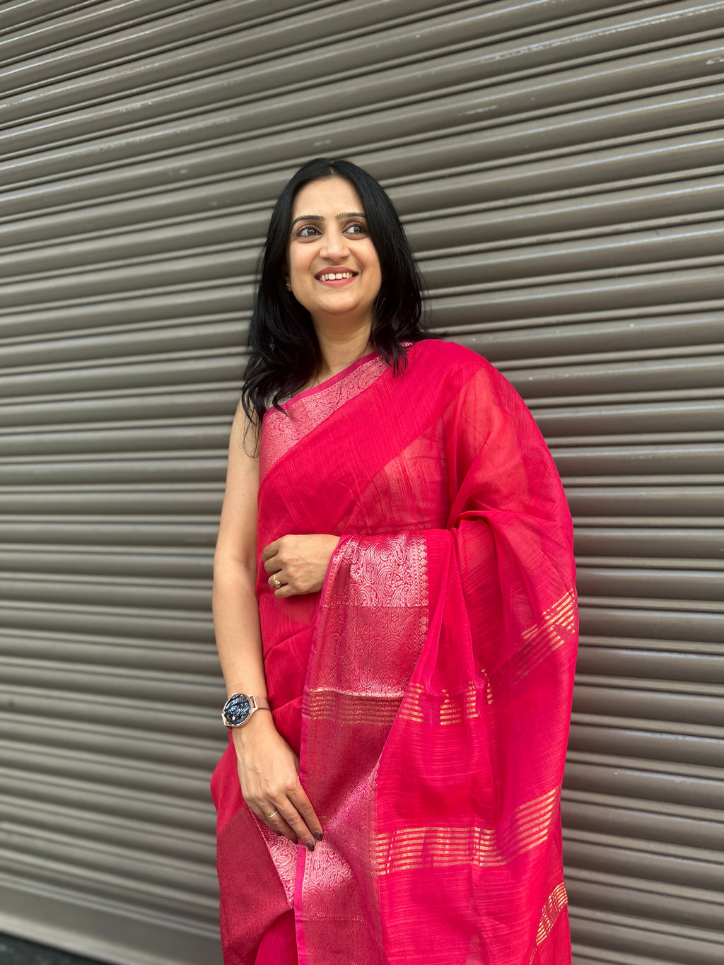 Cotton Silk Saree with Gold Jari Border - Fuchsia Pink