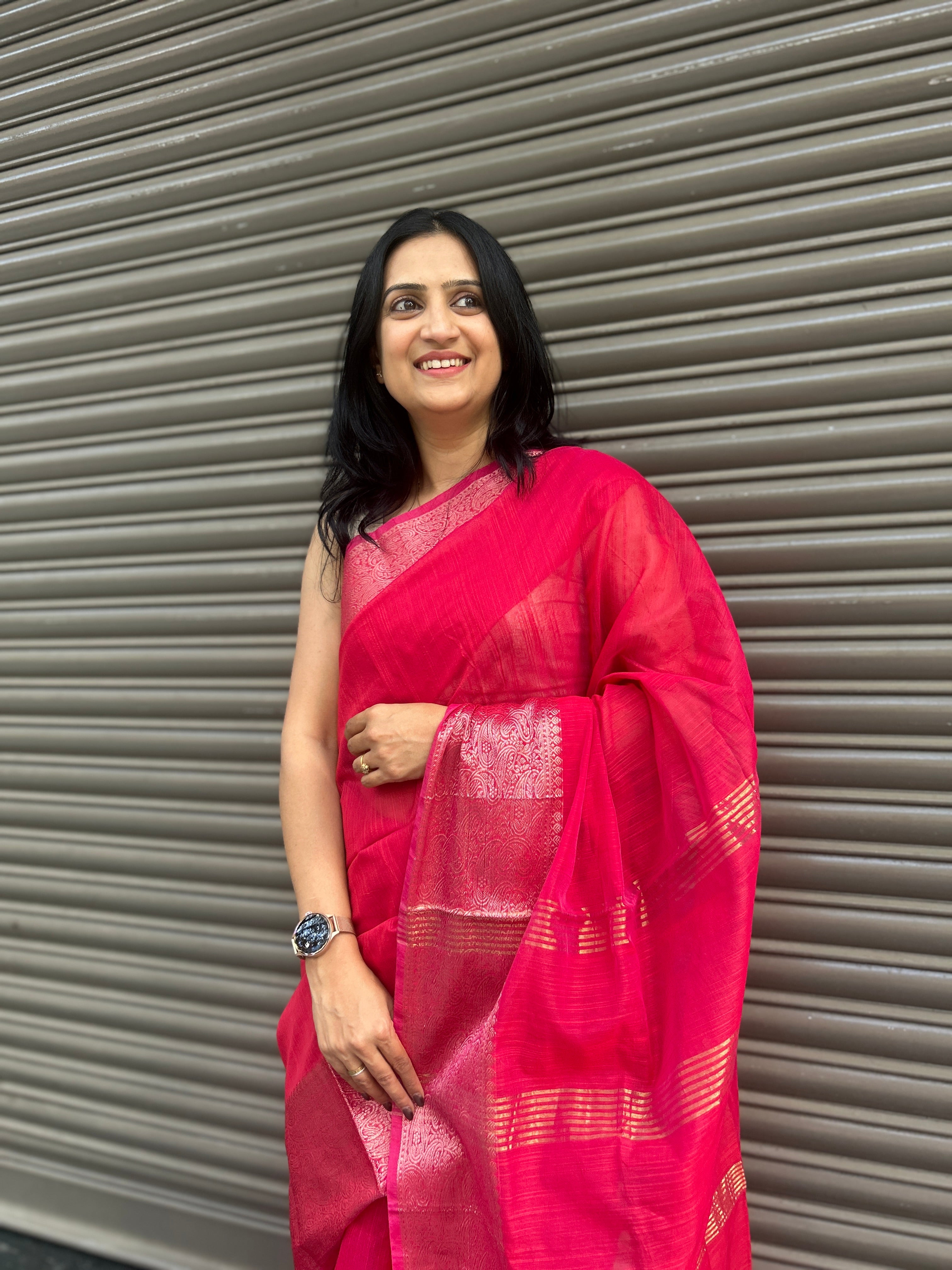 Cotton Silk Saree with Gold Jari Border - Fuchsia Pink