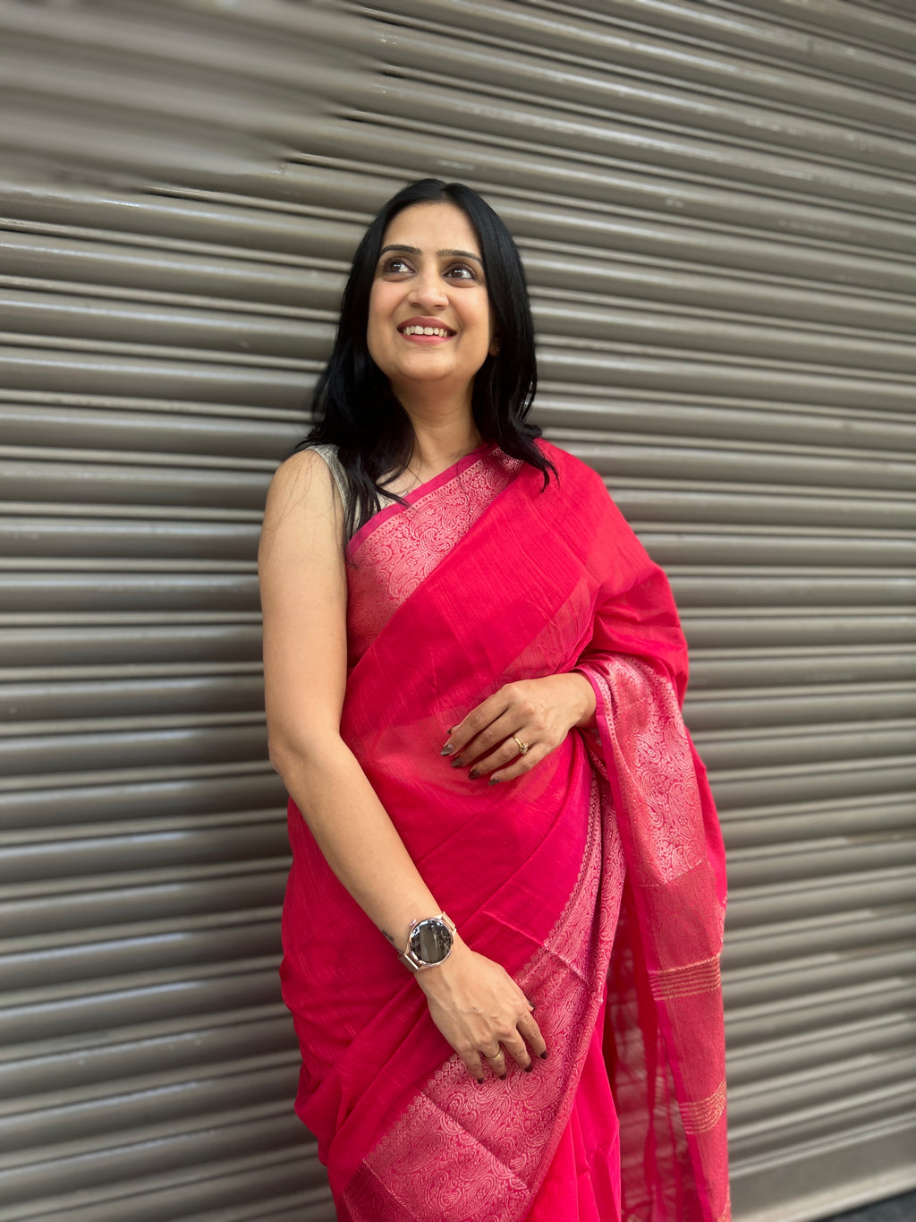 Cotton Silk Saree with Gold Jari Border - Fuchsia Pink