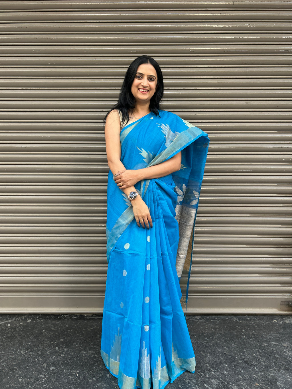 Muslin Jamdani Saree with Jute Pallu - Blue