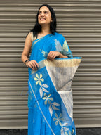 Muslin Jamdani Saree with Jute Pallu - Blue