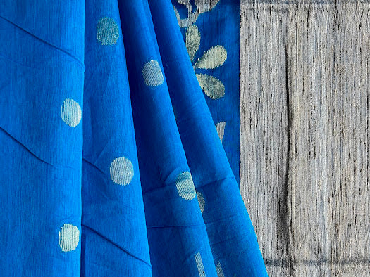 Muslin Jamdani Saree with Jute Pallu - Blue