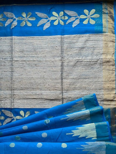 Muslin Jamdani Saree with Jute Pallu - Blue
