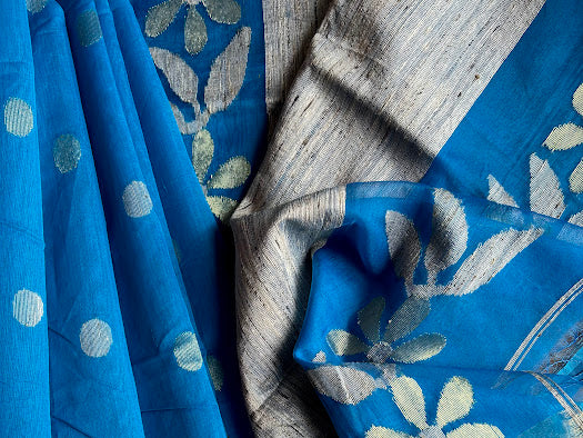 Muslin Jamdani Saree with Jute Pallu - Blue
